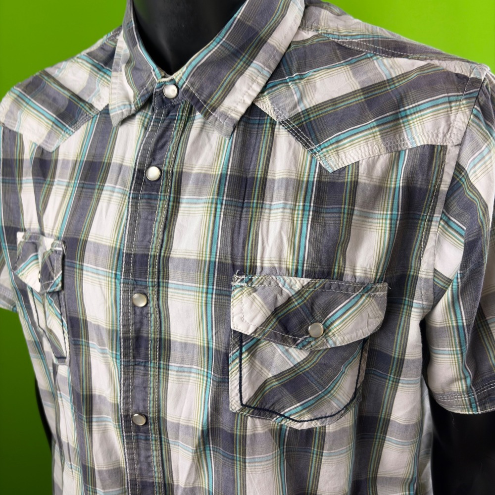 Urban Pipeline Western Pearl Snap Shirt Mens 2X Blue Plaid Short Sleeve *READ*